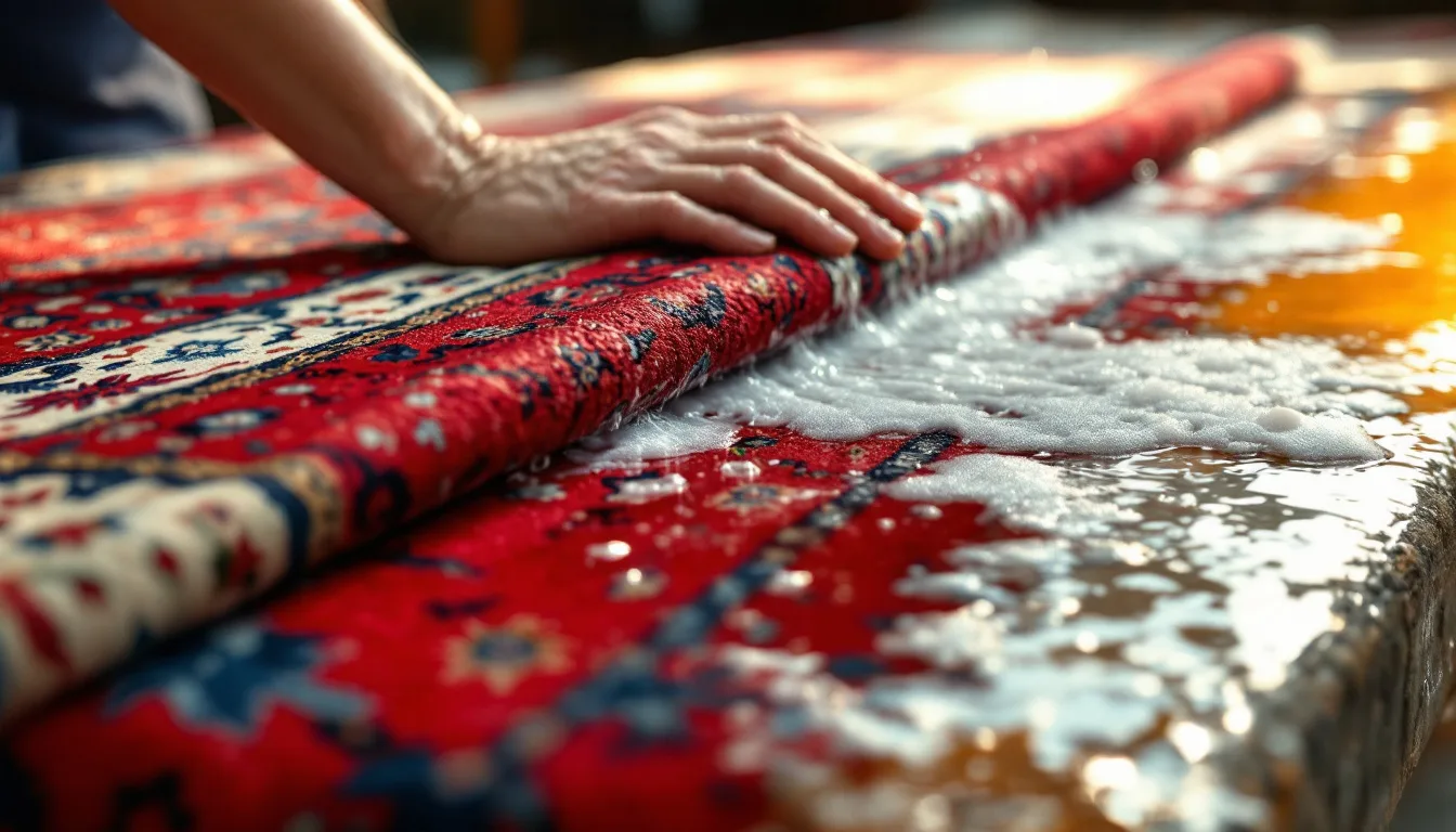 Lavage à la main d’un tapis persan en laine sur une dalle inclinée dans un atelier de nettoyage