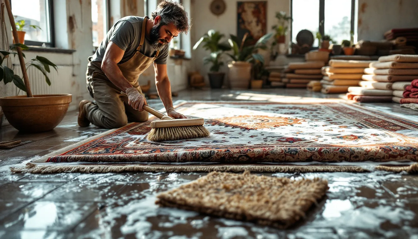 Artisan lavant à la main un tapis persan en laine à plat dans un atelier de nettoyage, brossage dans le sens du poil