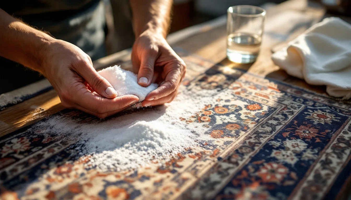 Test du bicarbonate sur le coin d’un tapis persan en laine à teintures végétales, avec chiffon blanc et vinaigre, dans un atelier de nettoyage