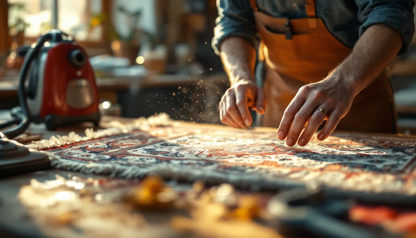 Artisan examinant un tapis persan en laine nouée main dans son atelier, un nettoyeur vapeur et un injecteur-extracteur posés à côté.