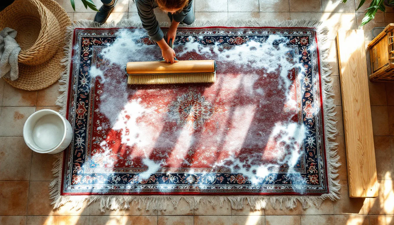 Lavage à la main d’un tapis persan en laine à plat dans un atelier de nettoyage, brossage dans le sens du poil et rinçage à l’eau claire.
