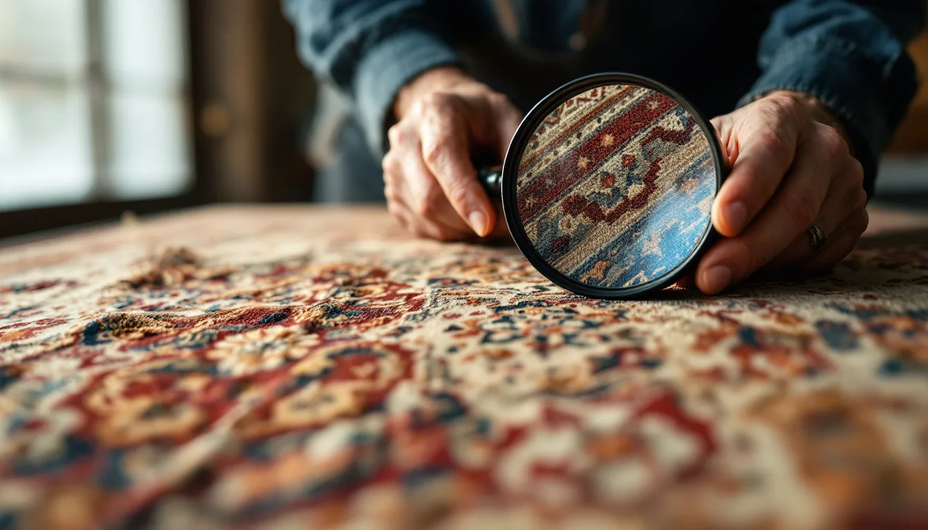 Gros plan sur le dos d’un tapis persan ancien noué main, nœuds de laine et fils de chaîne coton examinés à la loupe dans un atelier de restauration
