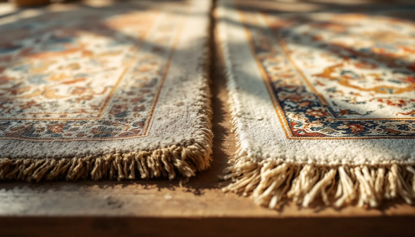 Comparaison en gros plan d’un tapis d’Orient en laine mate et d’un tapis en soie brillante sur un établi d’atelier