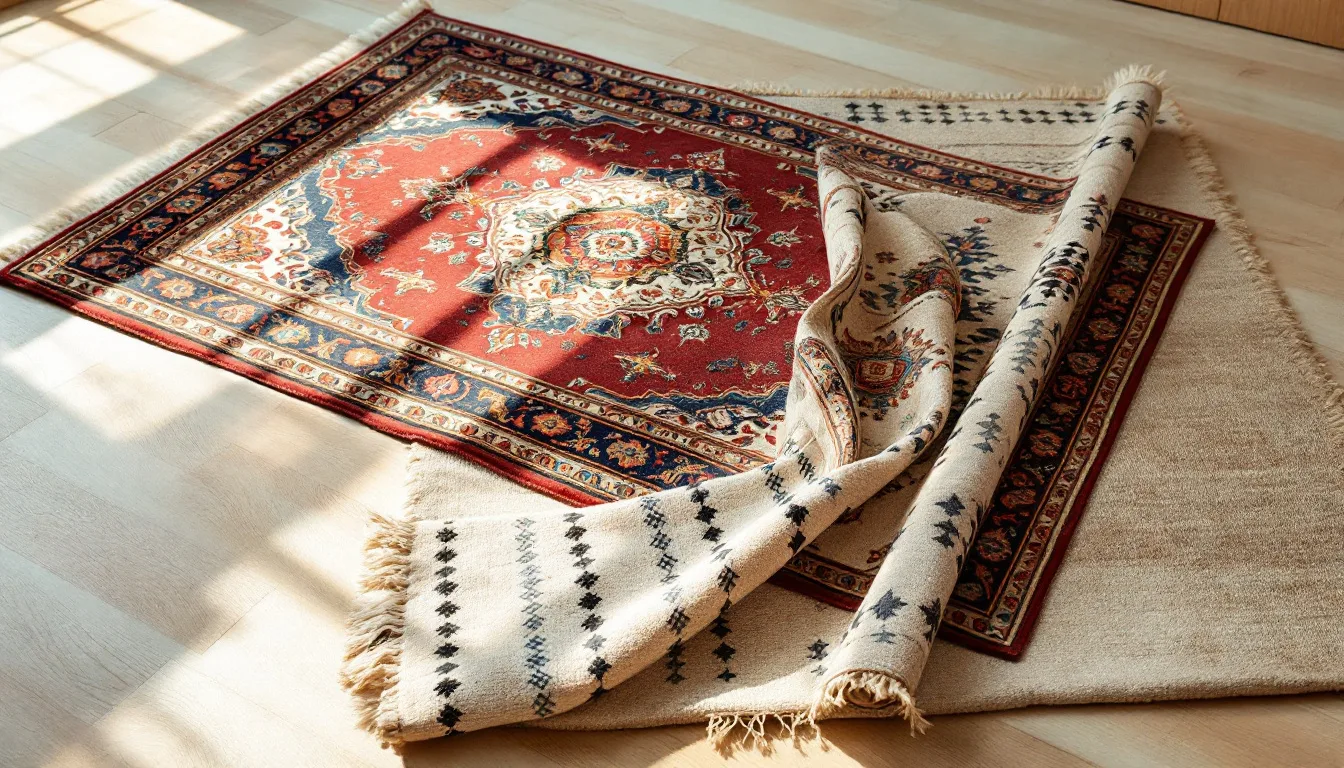 Plusieurs tapis d’Orient noués main disposés à plat sur le sol d’un atelier, dont un persan rouge à médaillon, un caucasien géométrique et un berbère crème, avec un coin retourné montrant le revers noué et les franges intégrées.