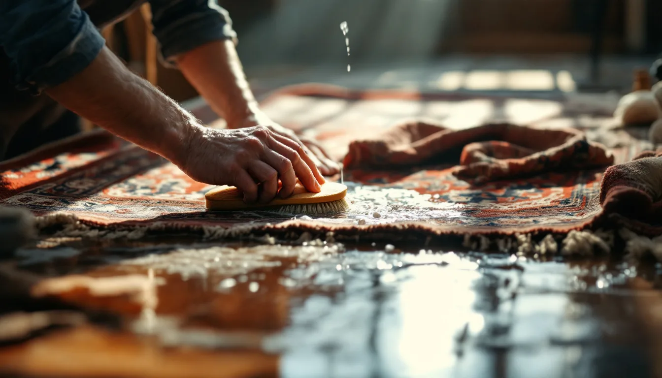 Artisan lavant à la main un tapis persan en laine à plat dans un atelier, brosse souple et savon à pH neutre